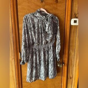 HYFVE Gray and White Sheath Dress with Mock Neck and Bishop Sleeves